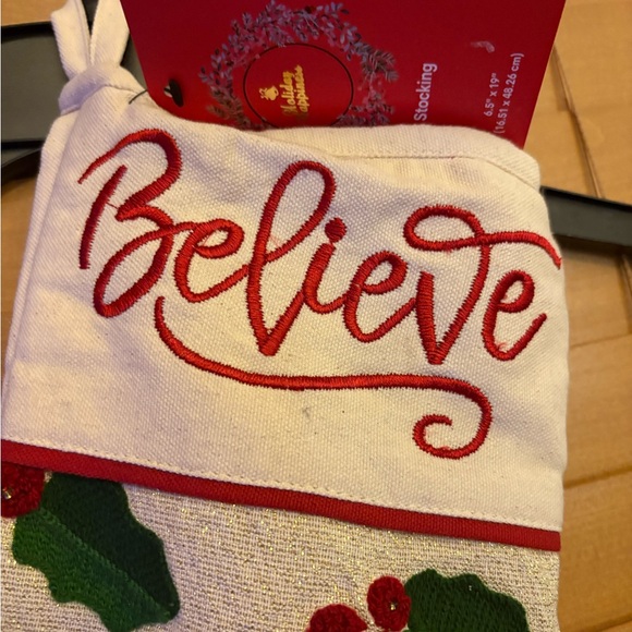 Holiday Happiness NWT Festive 'Believe' Holiday Stocking with Holly Design. - Picture 2 of 5